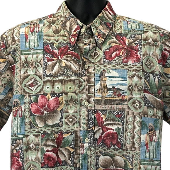 Vintage 90s Reyn Spooner Mele Kalikimaka Hawaiian Camp Shirt Beige XL X-Large - Picture 1 of 6